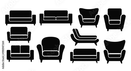 A collection of black silhouette furniture icons depicting various sofas armchairs and lounge seating