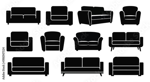 A collection of various black silhouette furniture pieces primarily sofas and armchairs displayed on white