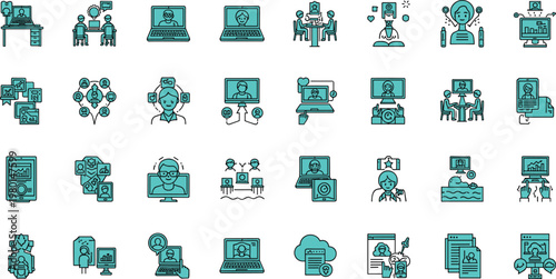Online education and e learning line icon set featuring virtual classroom video lessons remote teaching and digital learning