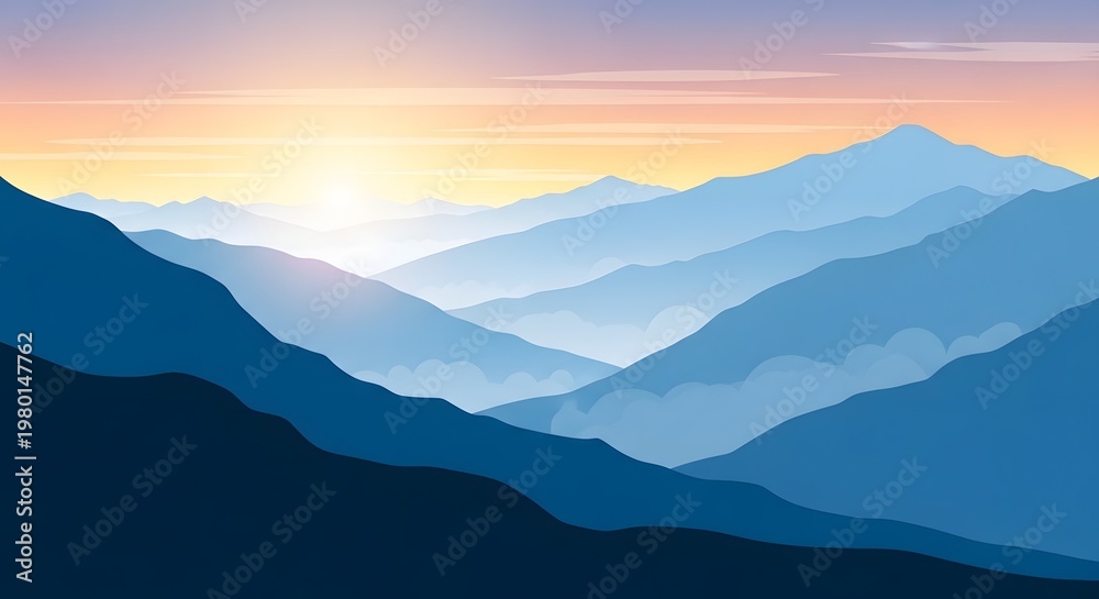 Fototapeta premium Serene mountain range at sunrise with layers of blue peaks and soft sky