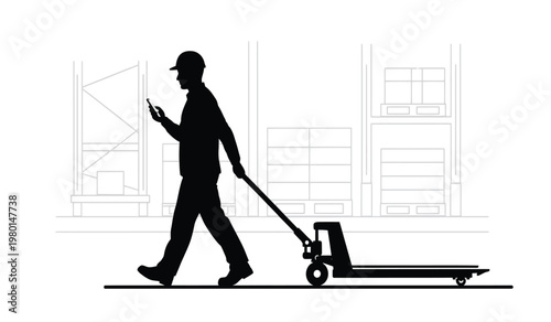 A worker is depicted in profile using a mobile phone while operating a pallet jack in a warehouse setting silhouette high quality professional detailed