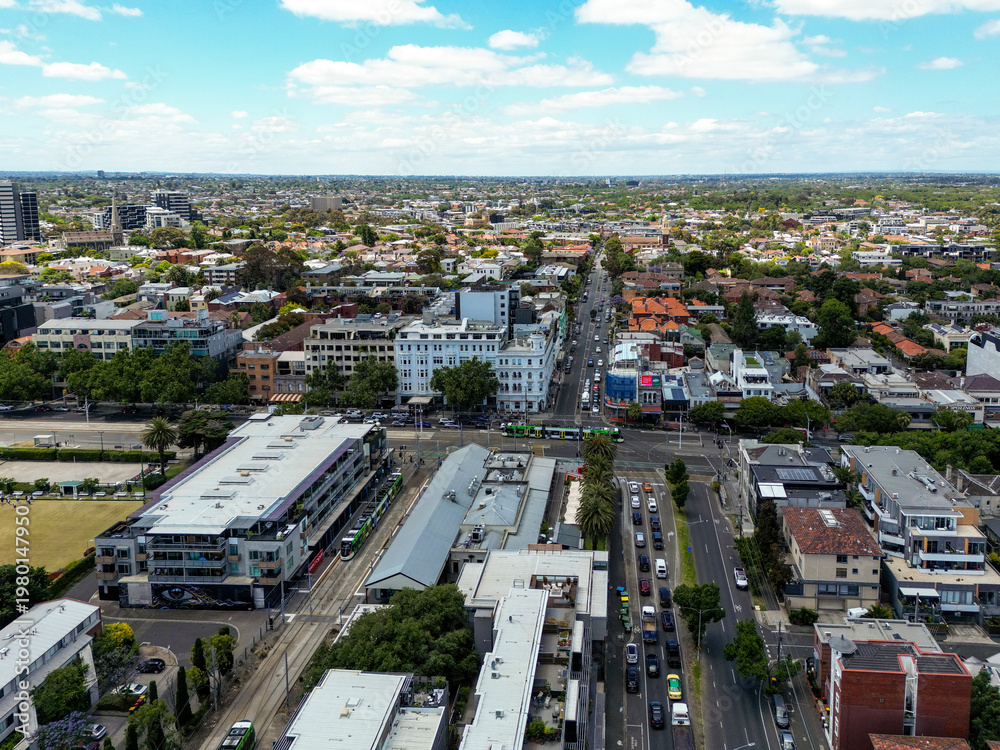 Fototapeta premium St Kilda aerial view of residential streets, homes and urban landscape, Victoria Australia