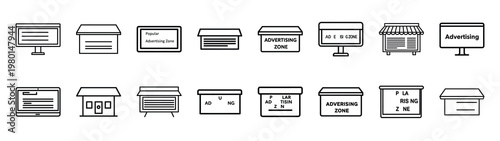 advertising zone minimalist black outline vector illustration icon set collection.