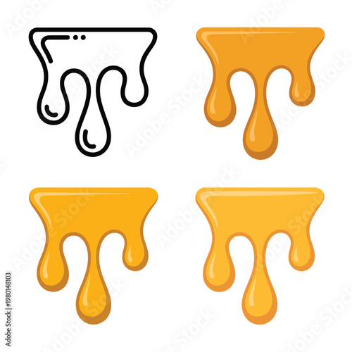 Golden honey drip collection, thick syrup shapes, food festival signage, dessert fair branding, breakfast topping art, label assets, vector illustration