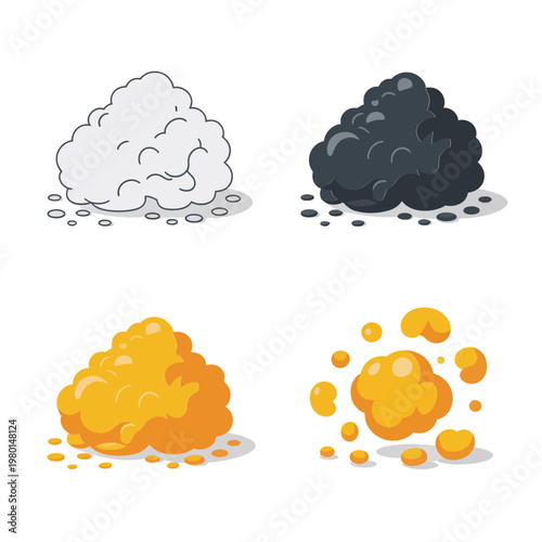Smoke cloud icons set, dust puff cartoon, pollution awareness event, wildfire safety workshop, environment health poster, vector illustration, outreach campaign