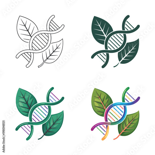 Leaf dna icons set, bio innovation conference poster, sustainable biotech workshop, plant genetics research session, eco science branding, vector illustration