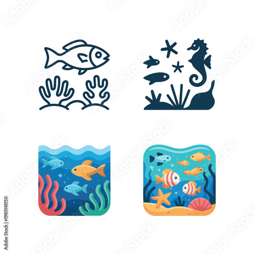 Underwater life icons set, coral reef fish seahorse, ocean week poster, school science fair, marine education branding, vector illustration