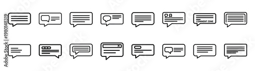 comment zone minimalist black outline vector illustration icon set collection.