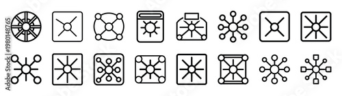 focus network minimalist black outline vector illustration icon set collection.