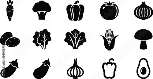 Collection of Fifteen Black Vegetable Icons vegetables