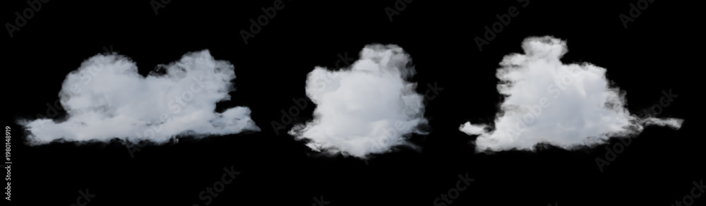 Fototapeta premium Three White Clouds And Smoke Isolated On Black Background For Compositing 3D Rendering