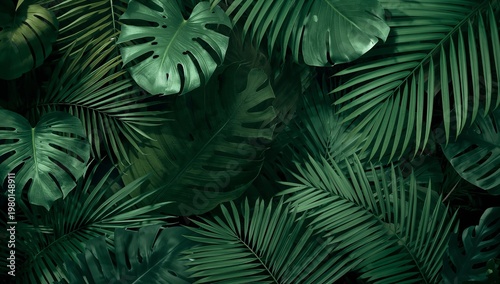 Lush tropical monstera and palm leaves create a vibrant natural texture backdrop showcasing deep green foliage patterns that offer a refreshing organic aesthetic for modern botanical interior design