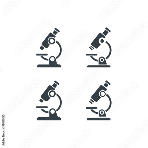 Microscope icons set, science research poster, biology lab equipment, education workshop graphic, school experiment day, healthcare study vector illustration