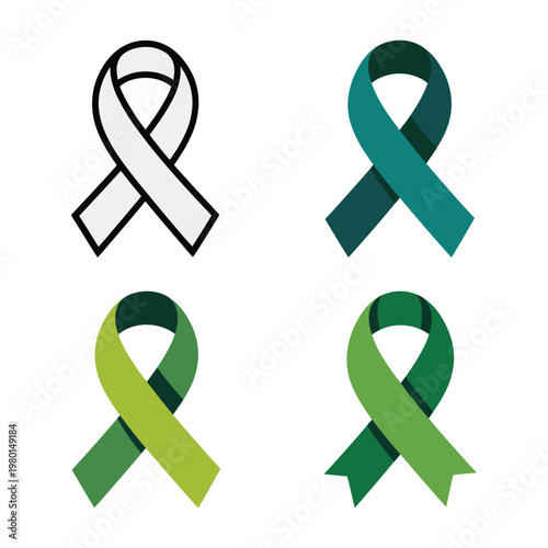 Awareness ribbon collection, teal and green badges, wellness fundraiser poster, advocacy event branding, community support campaign vector illustration elements