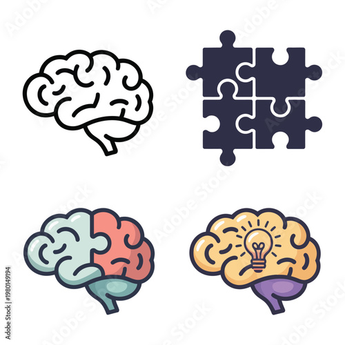 Brain and puzzle icons set, autism awareness poster, cognitive therapy session branding, problem solving workshop, neurology education vector illustration