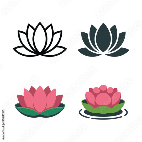 Lotus icons set, outline and filled flowers, yoga retreat invitation, spa therapy branding, mindfulness festival banner, vector clipart design