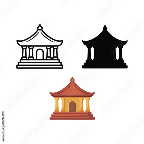 Pagoda temple icons set, asian heritage festival poster, cultural tourism branding, zen garden event, architecture outline collection, vector illustration