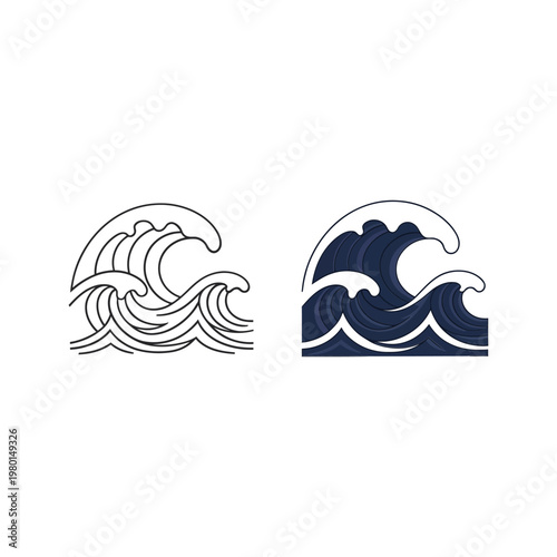 Ocean wave icons set, beach festival poster, surf club branding, seaside vacation event, water motion symbols, summer design, vector illustration