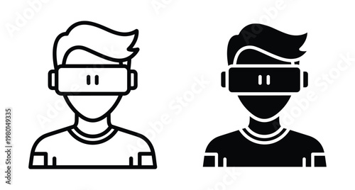 Virtual reality headset icon set featuring a person wearing goggles for gaming metaverse simulation digital experience and modern technology interface