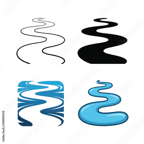 River path icons set, hiking trail map graphic, outdoor adventure festival poster, nature tourism branding, waterway route symbols, vector illustration