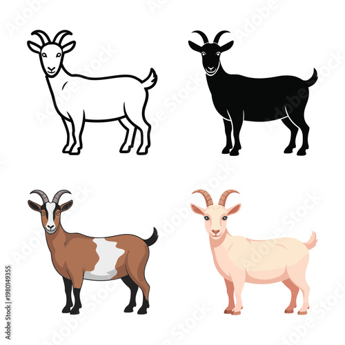 Goat icons collection, dairy farm day poster, petting zoo event branding, agriculture education workshop, barnyard animal elements, countryside vector illustration