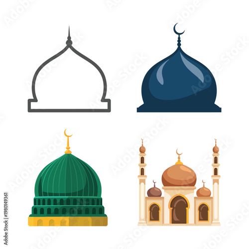 Islamic dome icons collection, mosque architecture elements, Ramadan night poster, Eid prayer event branding, heritage landmark graphics, clean vector illustration
