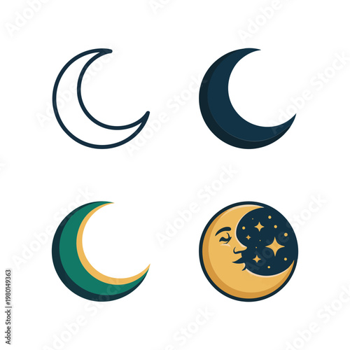 Crescent moon icons set, night festival poster, astronomy club branding, sleep meditation event, lunar phase symbols collection, calm vector illustration
