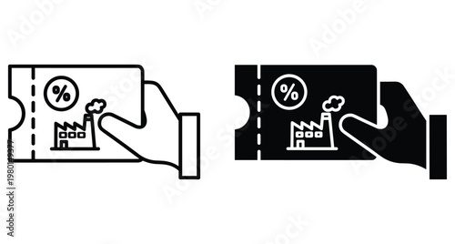 Hand holding industrial discount coupon with factory icon and percentage symbol for manufacturing business promotion and wholesale trade savings offer