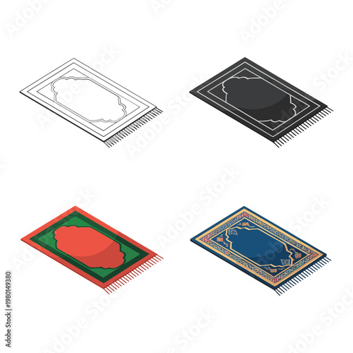 Decorative prayer mat collection, Islamic carpet icons, Eid festival home decor, mosque entry signage, spiritual ceremony poster, elegant vector illustration