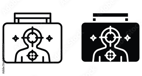 Recruitment portfolio icon set showing human silhouette with target symbols for headhunting candidate selection and professional talent acquisition business management