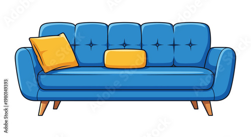 A cartoon illustration depicts a vibrant blue sofa with two contrasting yellow and orange pillows