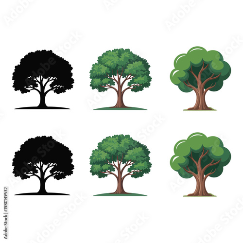 Tree icons collection, mixed silhouette and color, park landscaping symbols, city green project, ecology fair poster, environmental awareness vector