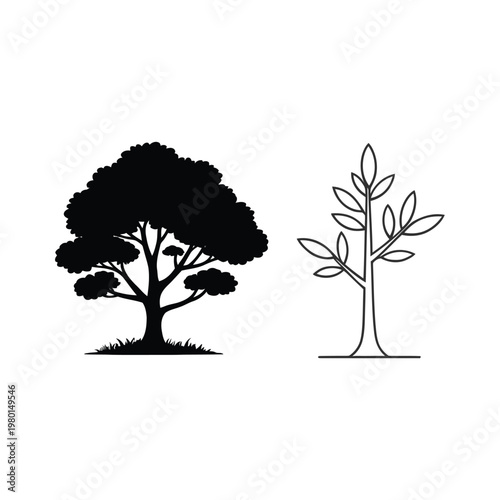 Tree and sapling icons set, reforestation concept, forest conservation poster, climate action campaign, nature festival banner, eco volunteer program vector