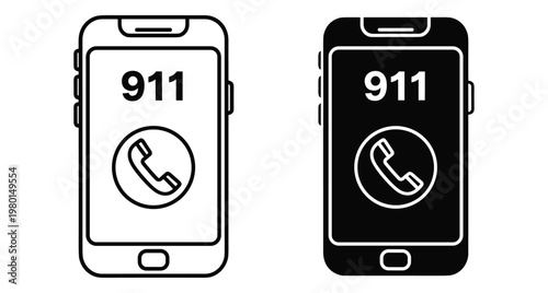 Emergency 911 call on smartphone screen icon set with outline and solid black versions for mobile app interface design