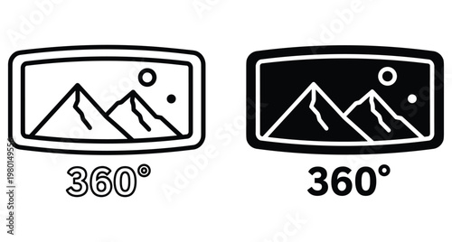 360 degree panoramic view icon set featuring mountain landscape scenery with sun and moon in outline and solid black styles