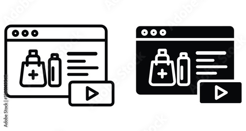 Online pharmacy website interface with medical shopping bag medicine bottle and video play button icon for digital healthcare services