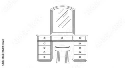 A simple black and white line drawing depicts a classic vanity table with mirror and stool