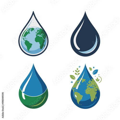 Earth water drop icons collection, blue droplet with planet, climate change awareness, ocean protection poster, sustainability event banner vector