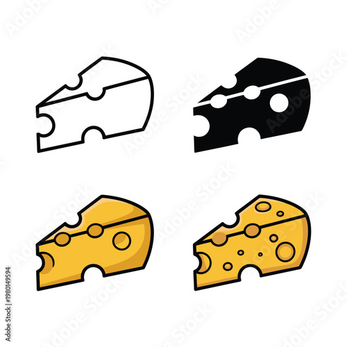 Cheese icons set, cheddar slice collection, deli shop poster, picnic party graphic, artisan dairy festival branding, tasty appetizer vector illustration