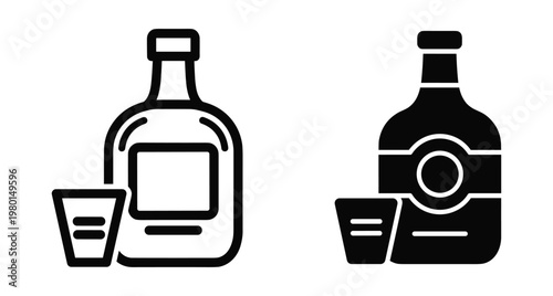 Alcohol bottle and shot glass icon set featuring tequila whiskey vodka or rum in outline and solid black styles