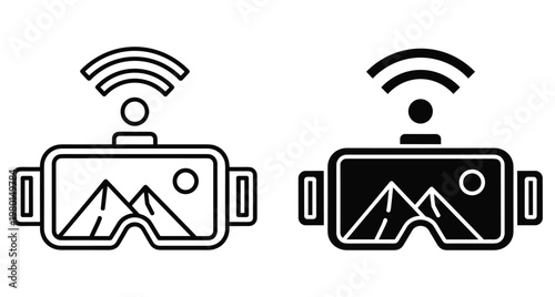 Virtual reality headset icons with wireless signal and mountain landscape view for gaming simulation travel and digital entertainment technology interface