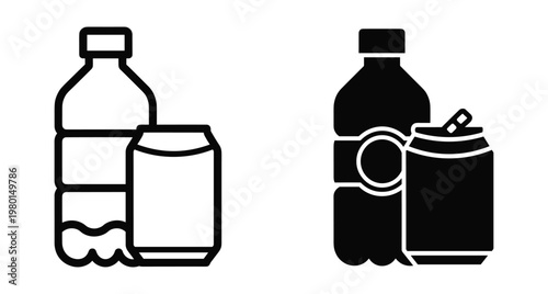 Plastic water bottle and aluminum soda can icons in outline and solid black glyph styles for beverage packaging design