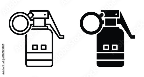 Hand grenade icon set featuring outline and solid black styles for military weapon explosive combat defense tactical equipment symbol design