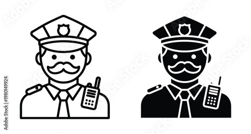 Police officer icon set featuring male law enforcement character with mustache uniform hat and radio transmitter for security services design