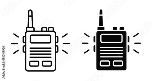 Walkie talkie radio communication device icon set with antenna and buttons for security emergency services and outdoor adventure activities