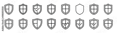 shield check minimalist black outline vector illustration icon set collection.