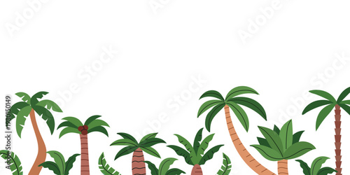 Tropical palm trees horizontal border in flat hand-drawn style. Vector illustration of exotic island trees and jungle plants for summer beach banner, vacation header, footer design, and nature backgro