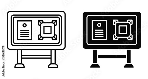 billboard display stand icon set showing advertising poster and digital screen content for marketing information and outdoor signage presentation