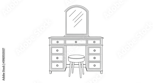 A simple line drawing depicts a classic vanity table with a mirror and matching stool