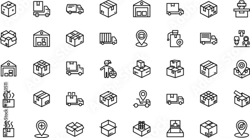 Logistics and warehouse delivery line icon set featuring shipping package transport minimal outline vector collection